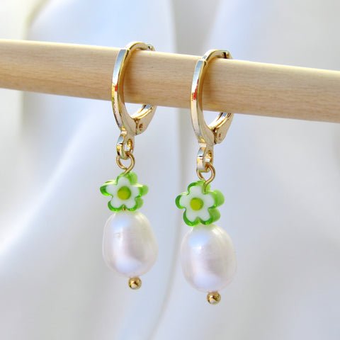 Lime Green Blooms Pearl Earrings