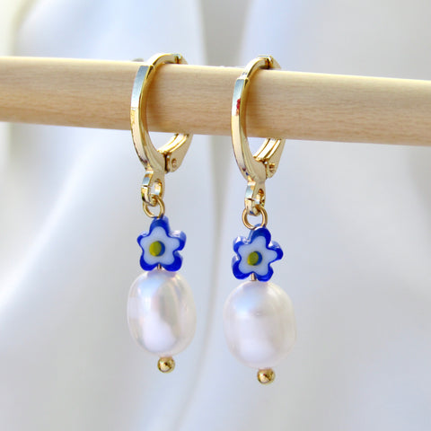 Blue Blooms Pearl Earrings