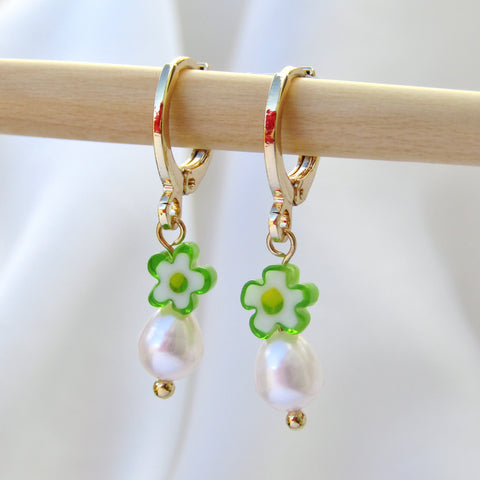 Lime Green Blooms Pearl Earrings