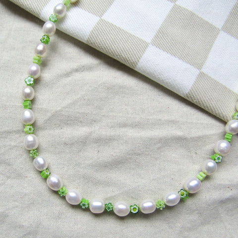 Lime Green Blooms Pearl Necklace