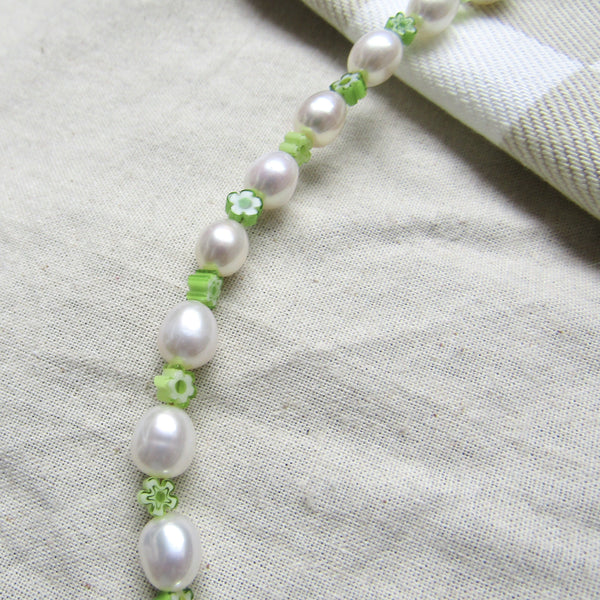 Lime Green Blooms Pearl Necklace