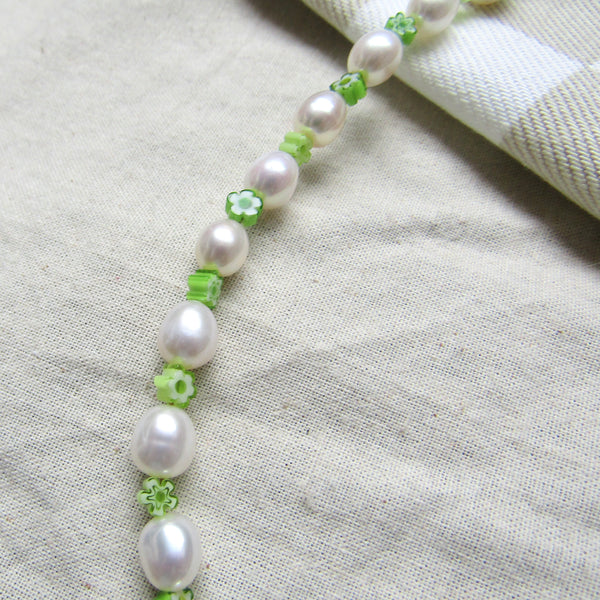 Lime Green Blooms Pearl Necklace