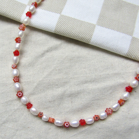 Red Blooms Pearl Necklace