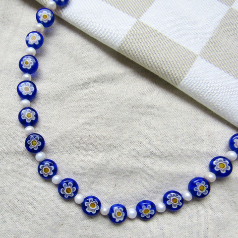 Dark Blue Floral Mosaic Pearl Necklace