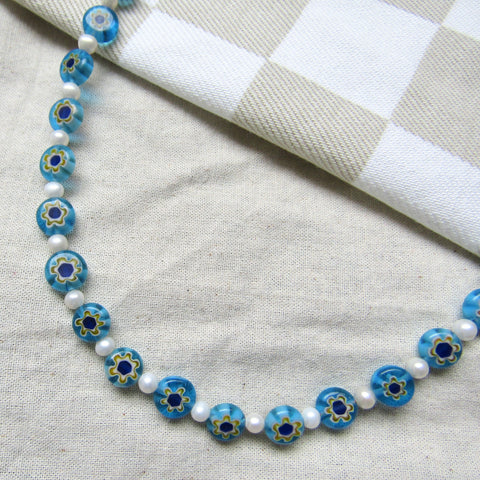 Turquoise Floral Mosaic Pearl Necklace