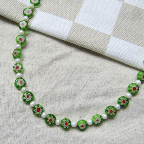 Lime Green Floral Mosaic Pearl Necklace