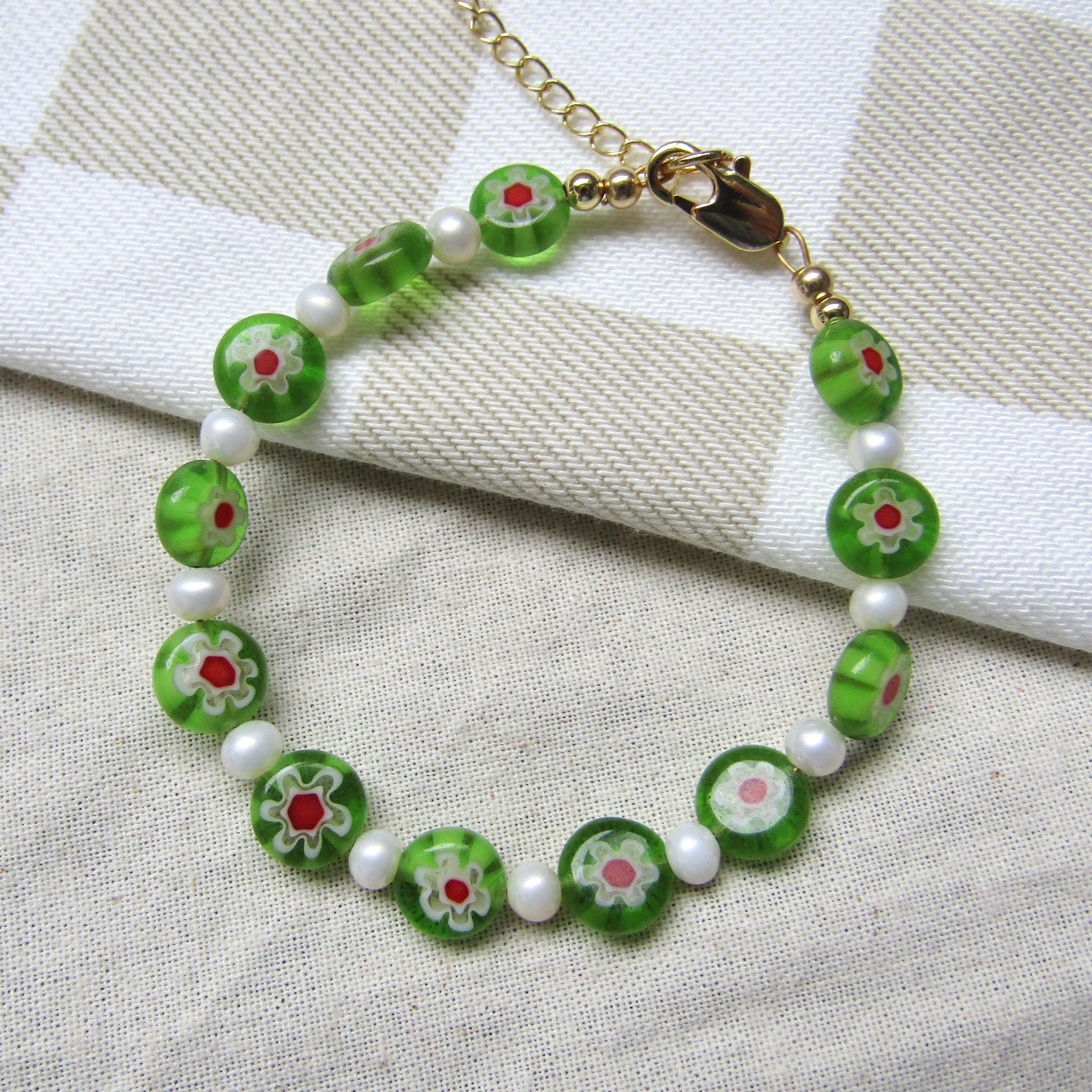 Lime Green Floral Mosaic Pearl Bracelet