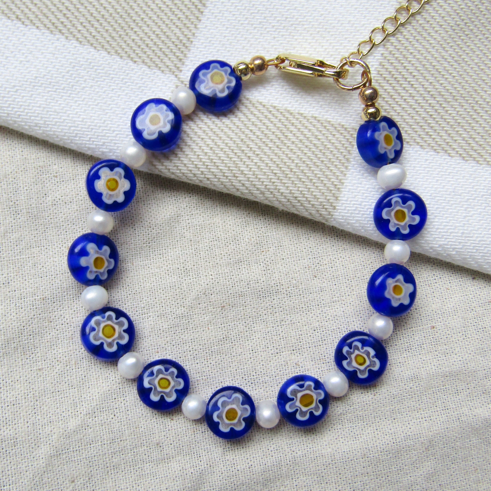 Dark Blue Floral Mosaic Pearl Bracelet