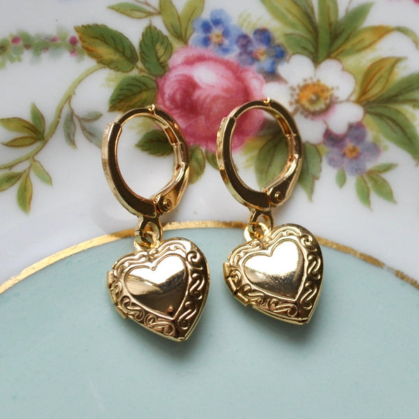 Gold Heart Locket Huggies