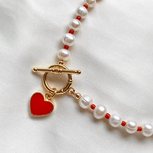 Red Heart Pearl Necklace