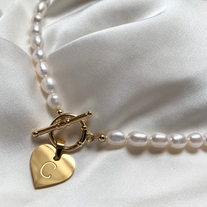 Engraved Heart Pearl Necklace