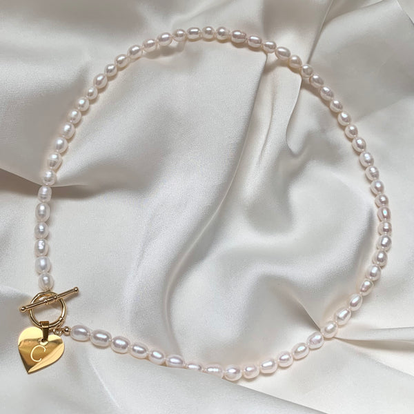 Engraved Heart Pearl Necklace